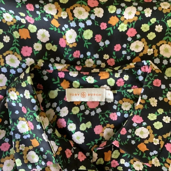 Tory Burch Ryder Black Floral Print Silk Sleeveless Shirtdress Elastic Waist Sz8 - Picture 6 of 8